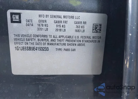 2014 Chevrolet Sonic Ltz Auto из США, поврежденный, VIN 1G1JE6SB9E4193233